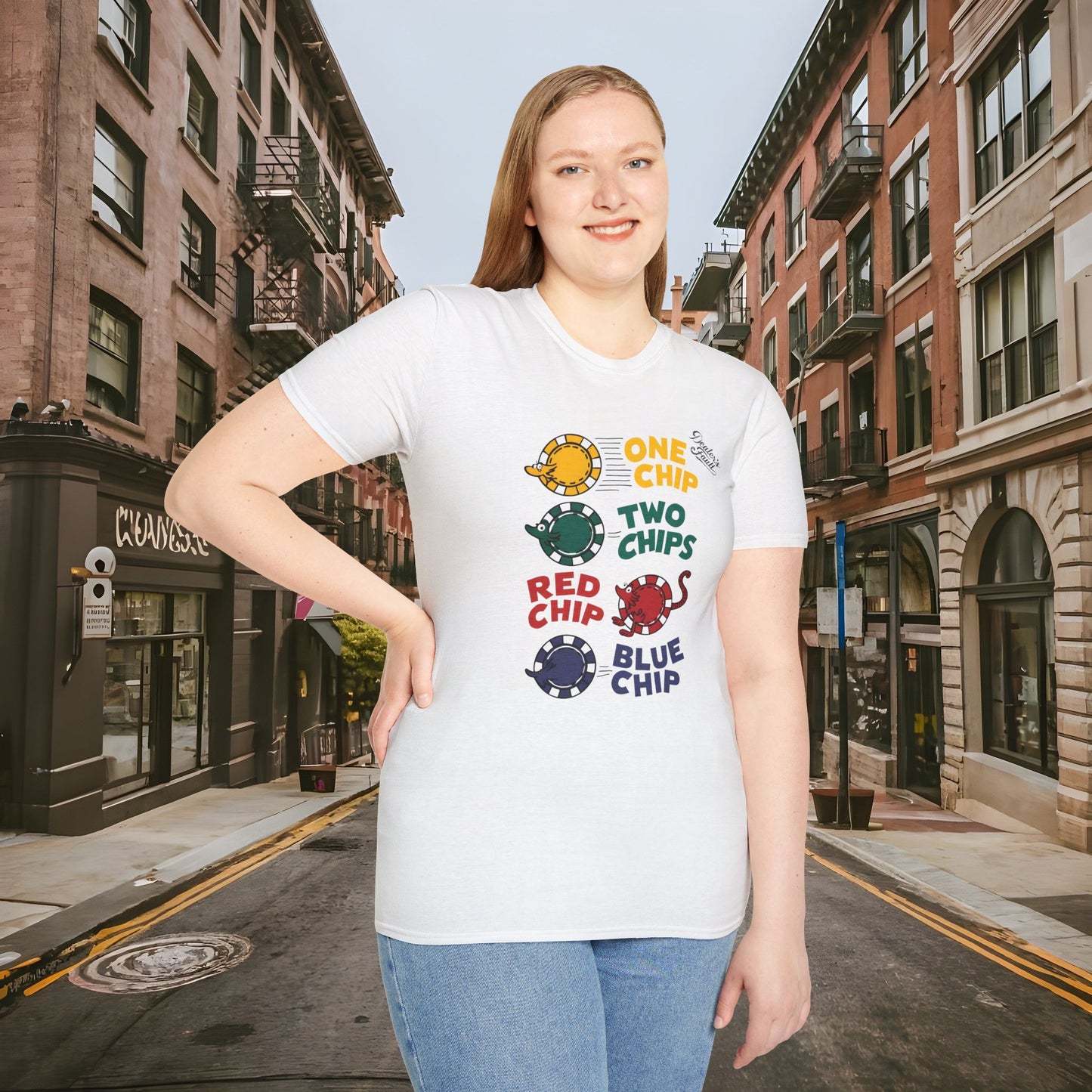 One Chip, Two Chips, Red Chip, Blue Chip - Dealer's Fault Poker Club - DFPC - Unisex Softstyle T-Shirt