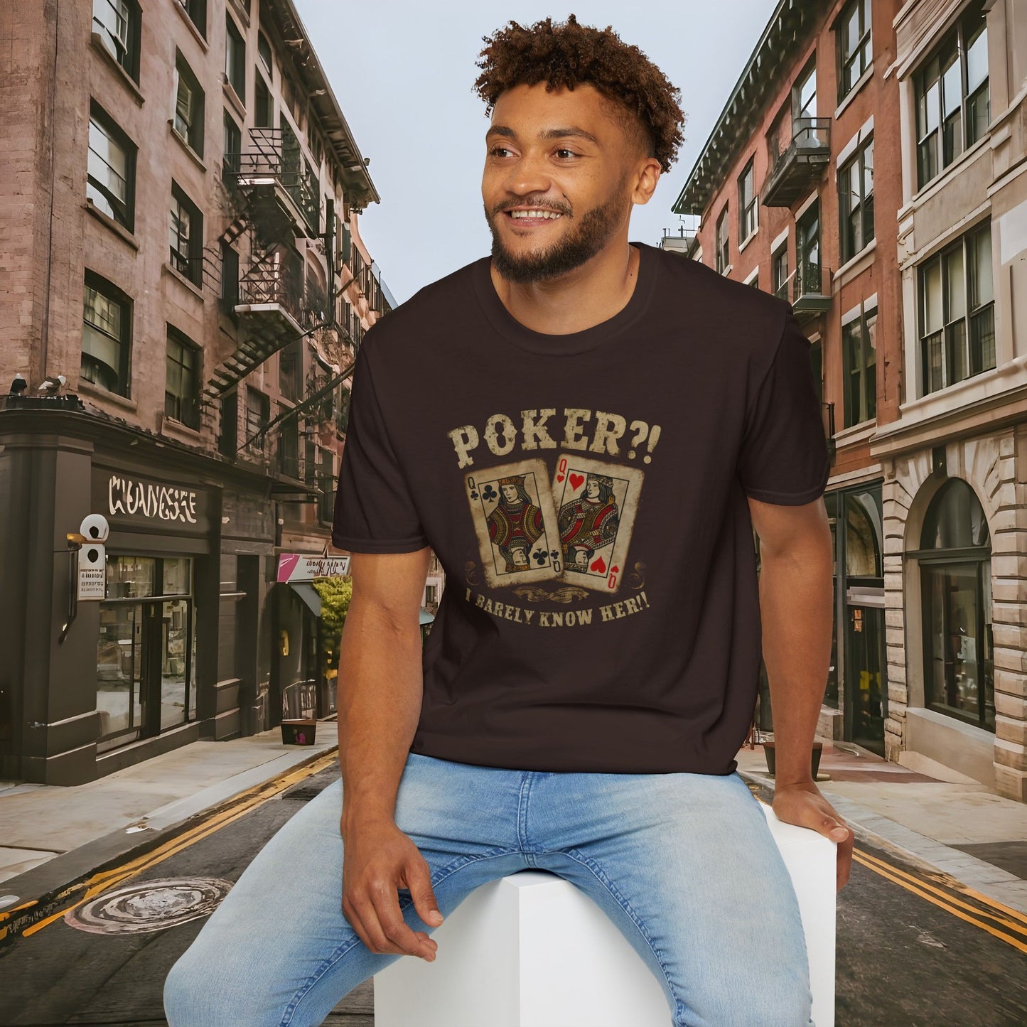 Poker?! I Barely Know Her! - T-shirt from the Dealer's Fault Poker Club Collection - DFPC - Unisex Softstyle T-Shirt