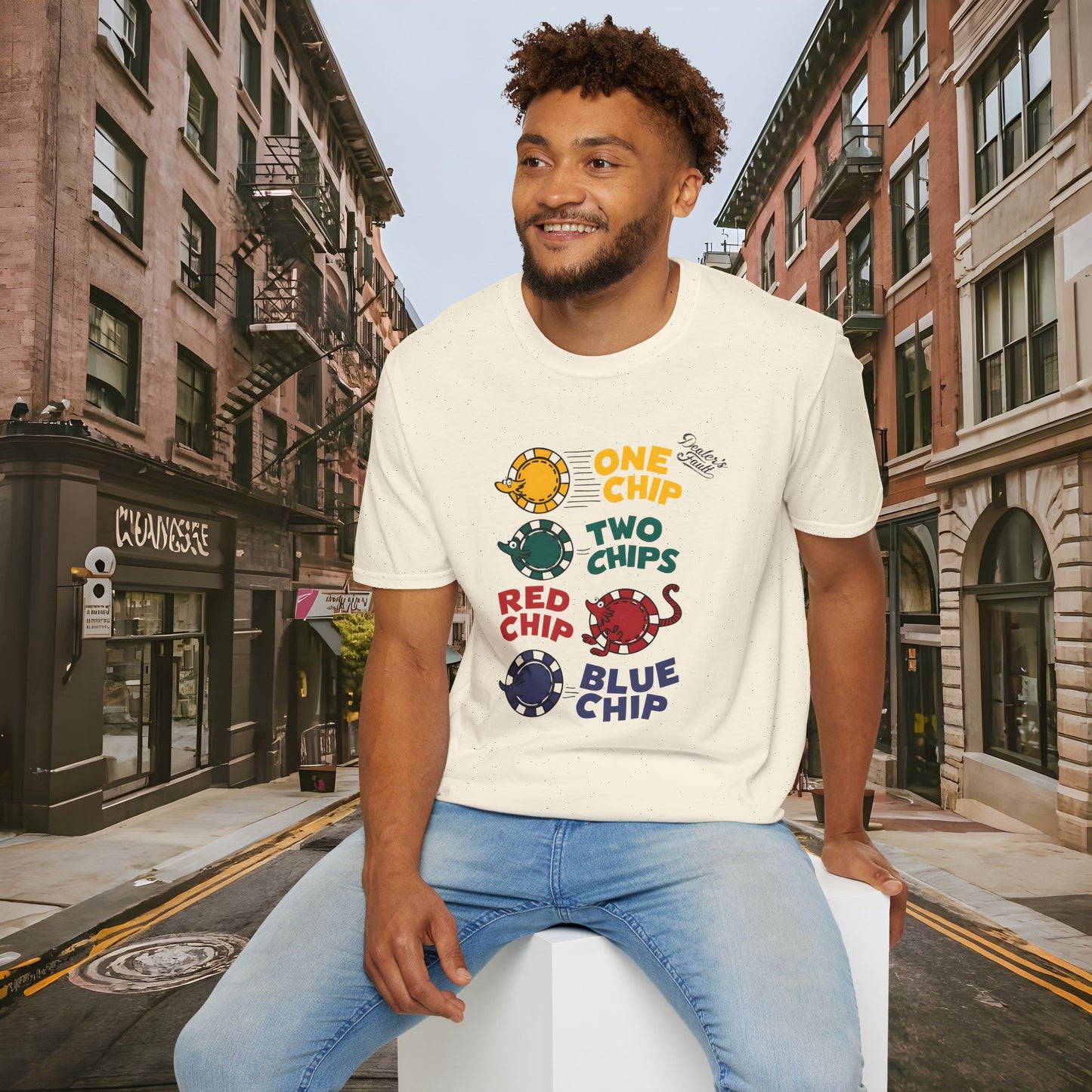 One Chip, Two Chips, Red Chip, Blue Chip - Dealer's Fault Poker Club - DFPC - Unisex Softstyle T-Shirt