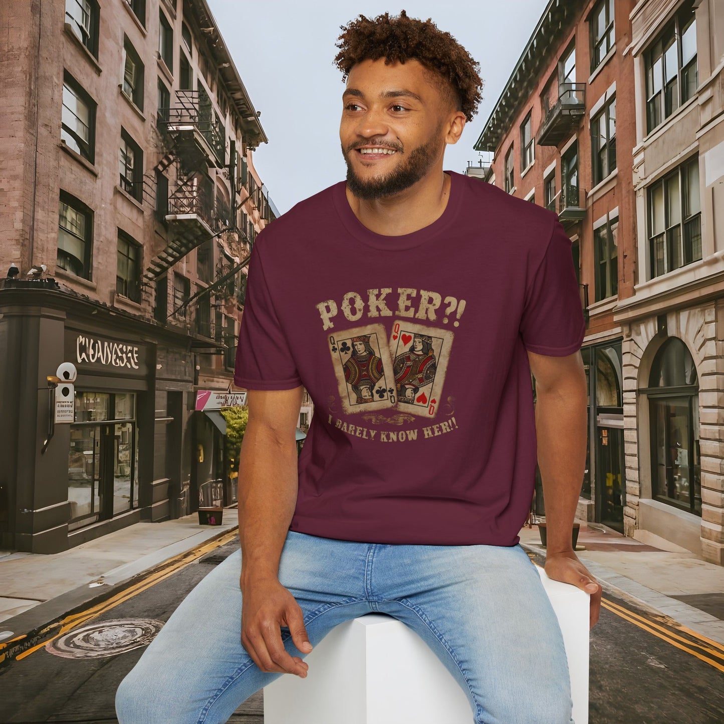 Poker?! I Barely Know Her! - T-shirt from the Dealer's Fault Poker Club Collection - DFPC - Unisex Softstyle T-Shirt