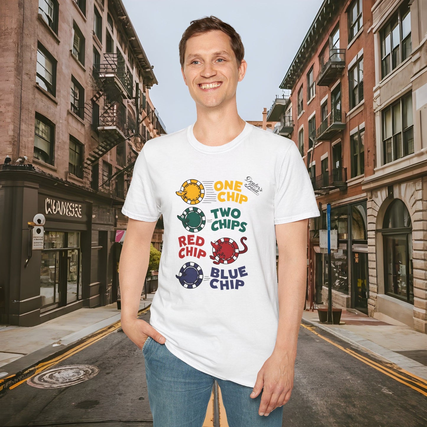 One Chip, Two Chips, Red Chip, Blue Chip - Dealer's Fault Poker Club - DFPC - Unisex Softstyle T-Shirt
