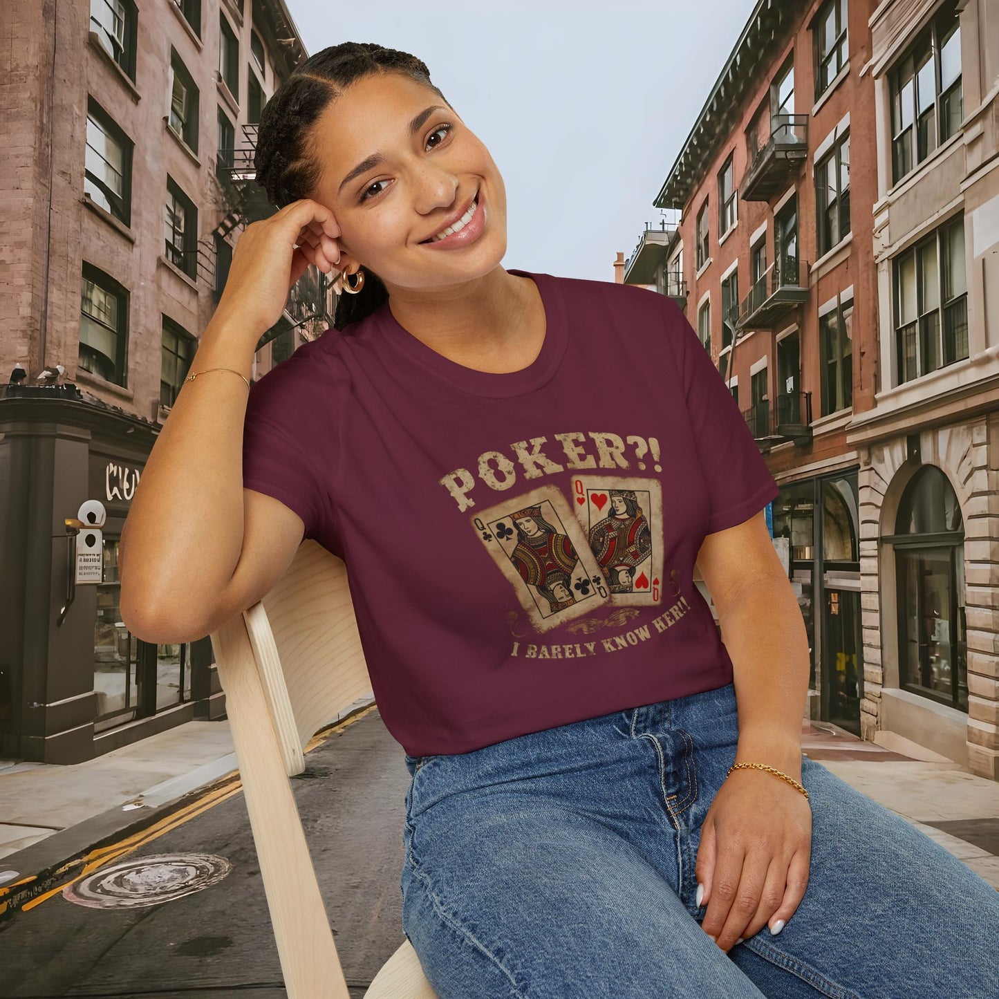 Poker?! I Barely Know Her! - T-shirt from the Dealer's Fault Poker Club Collection - DFPC - Unisex Softstyle T-Shirt