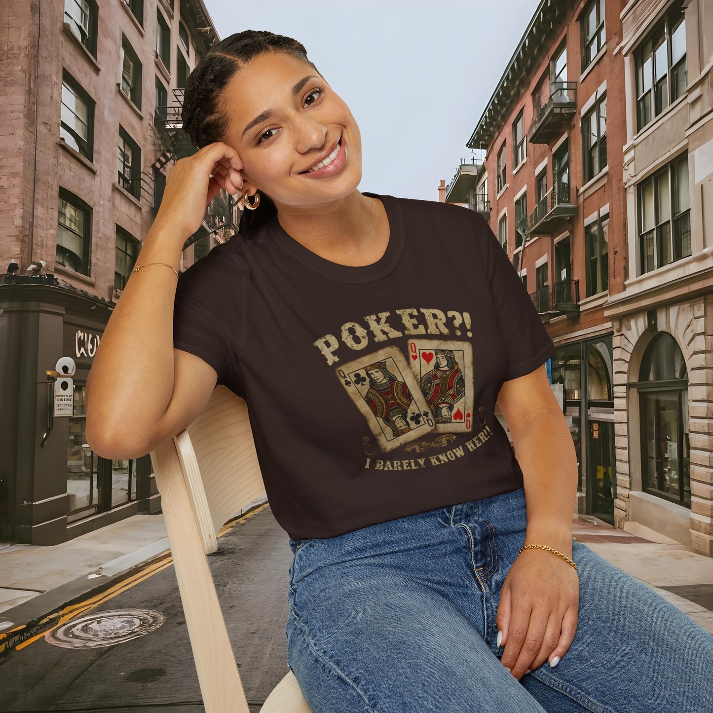 Poker?! I Barely Know Her! - T-shirt from the Dealer's Fault Poker Club Collection - DFPC - Unisex Softstyle T-Shirt