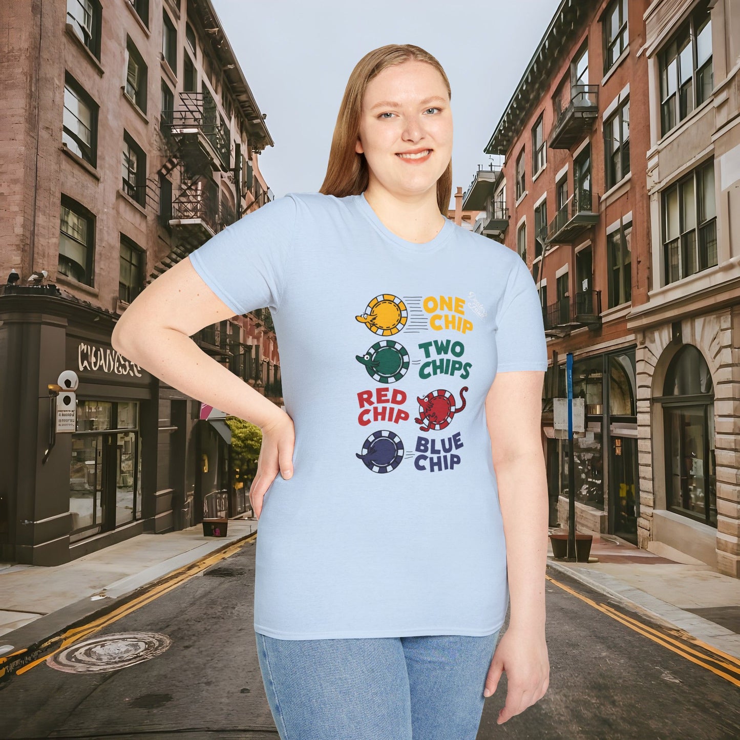 One Chip, Two Chips, Red Chip, Blue Chip - Dealer's Fault Poker Club - DFPC - Unisex Softstyle T-Shirt
