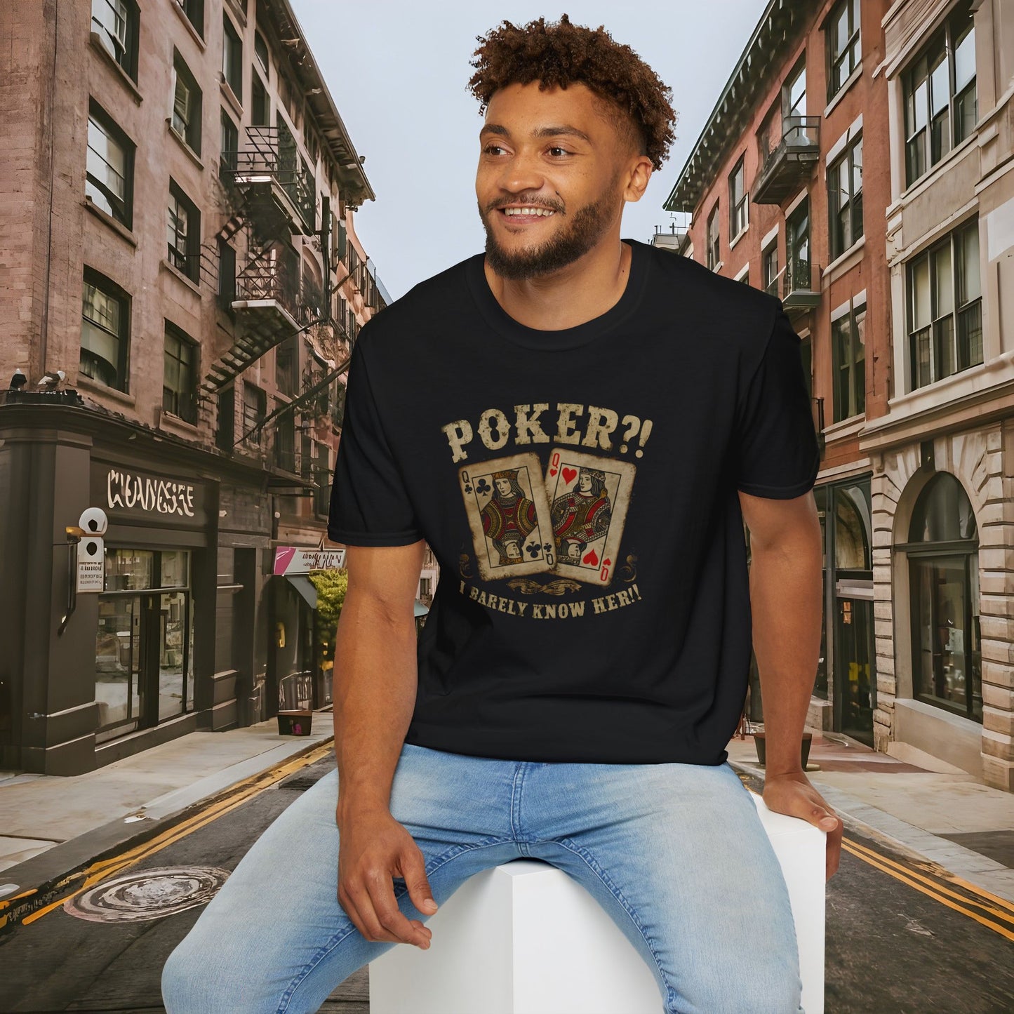 Poker?! I Barely Know Her! - T-shirt from the Dealer's Fault Poker Club Collection - DFPC - Unisex Softstyle T-Shirt