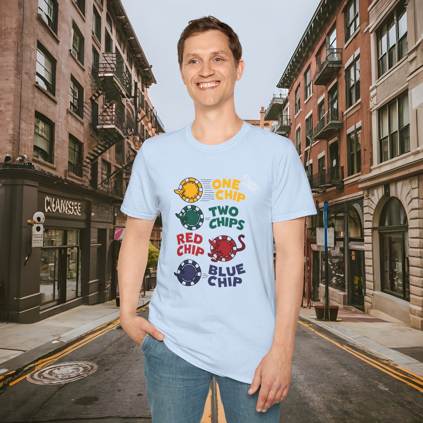 One Chip, Two Chips, Red Chip, Blue Chip - Dealer's Fault Poker Club - DFPC - Unisex Softstyle T-Shirt