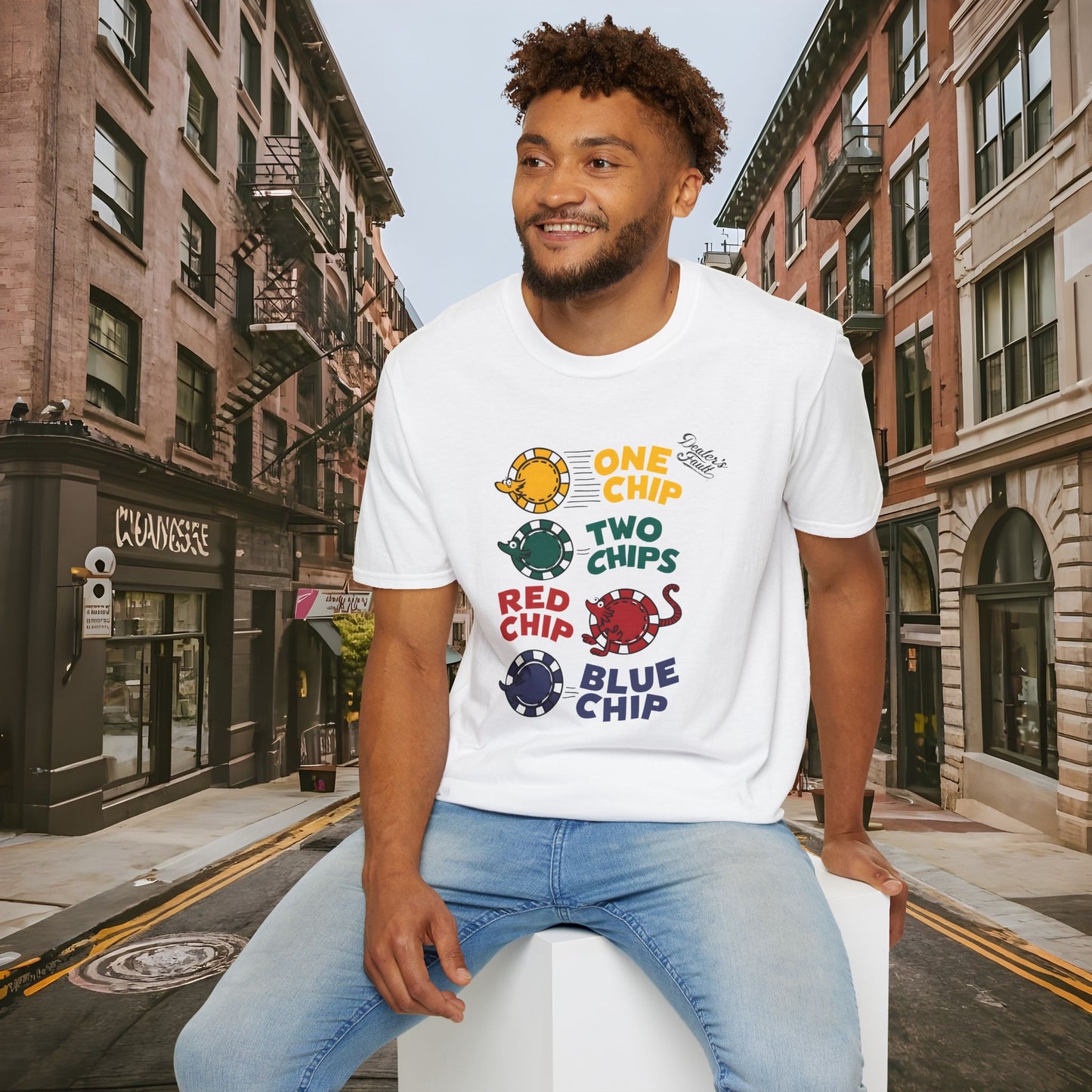One Chip, Two Chips, Red Chip, Blue Chip - Dealer's Fault Poker Club - DFPC - Unisex Softstyle T-Shirt