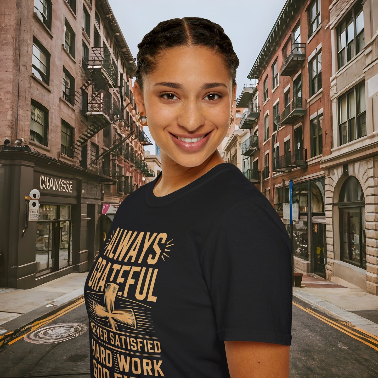 Always Grateful Never Satisfied - Hard Work God First Shirt - Unisex Softstyle T-Shirt