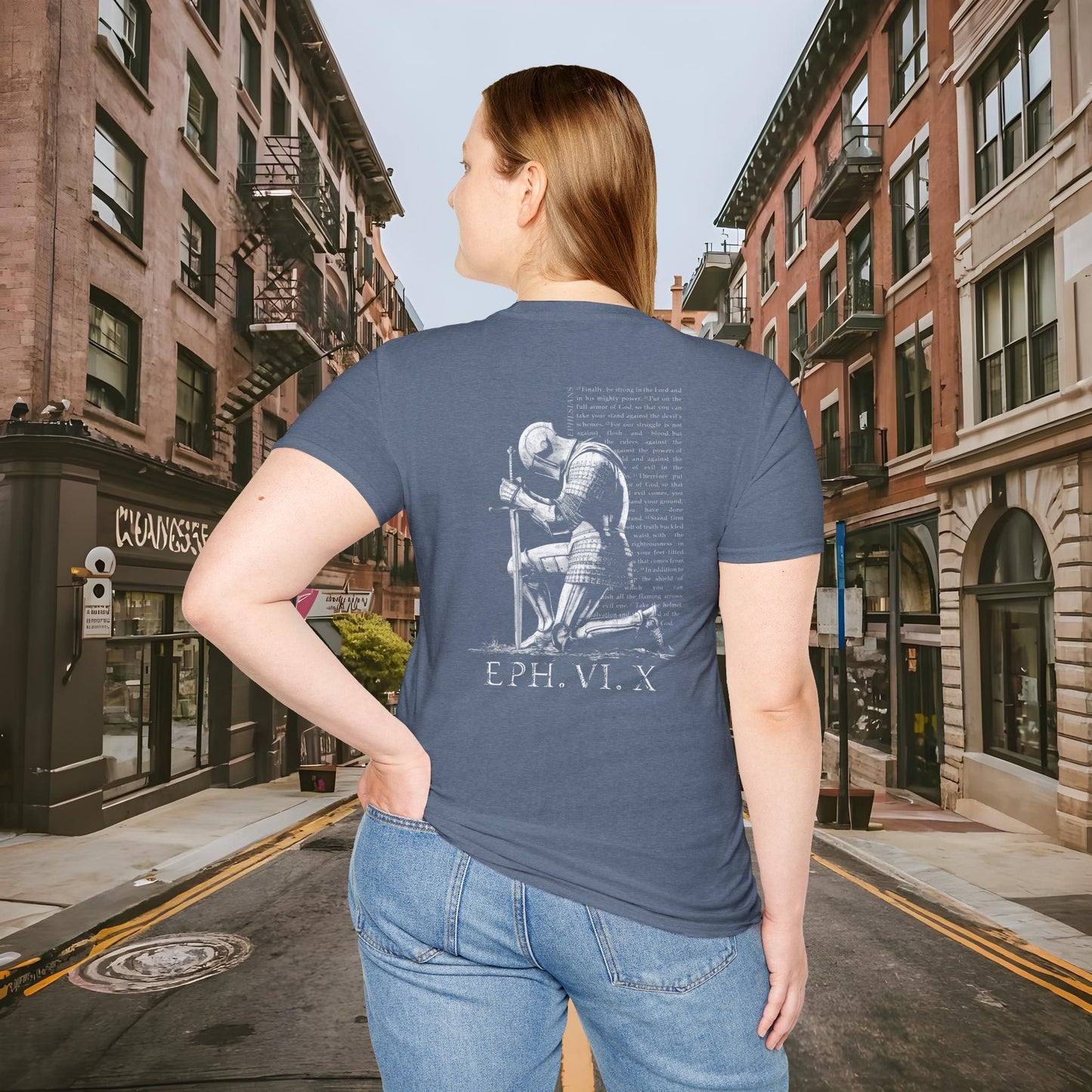 Praying Knight - Ephesians 6:10 - Armor of God - Inspirational Unisex Softstyle T-Shirt - Motivational Design