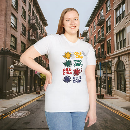 One Chip, Two Chips, Red Chip, Blue Chip - Dealer's Fault Poker Club - DFPC - Unisex Softstyle T-Shirt