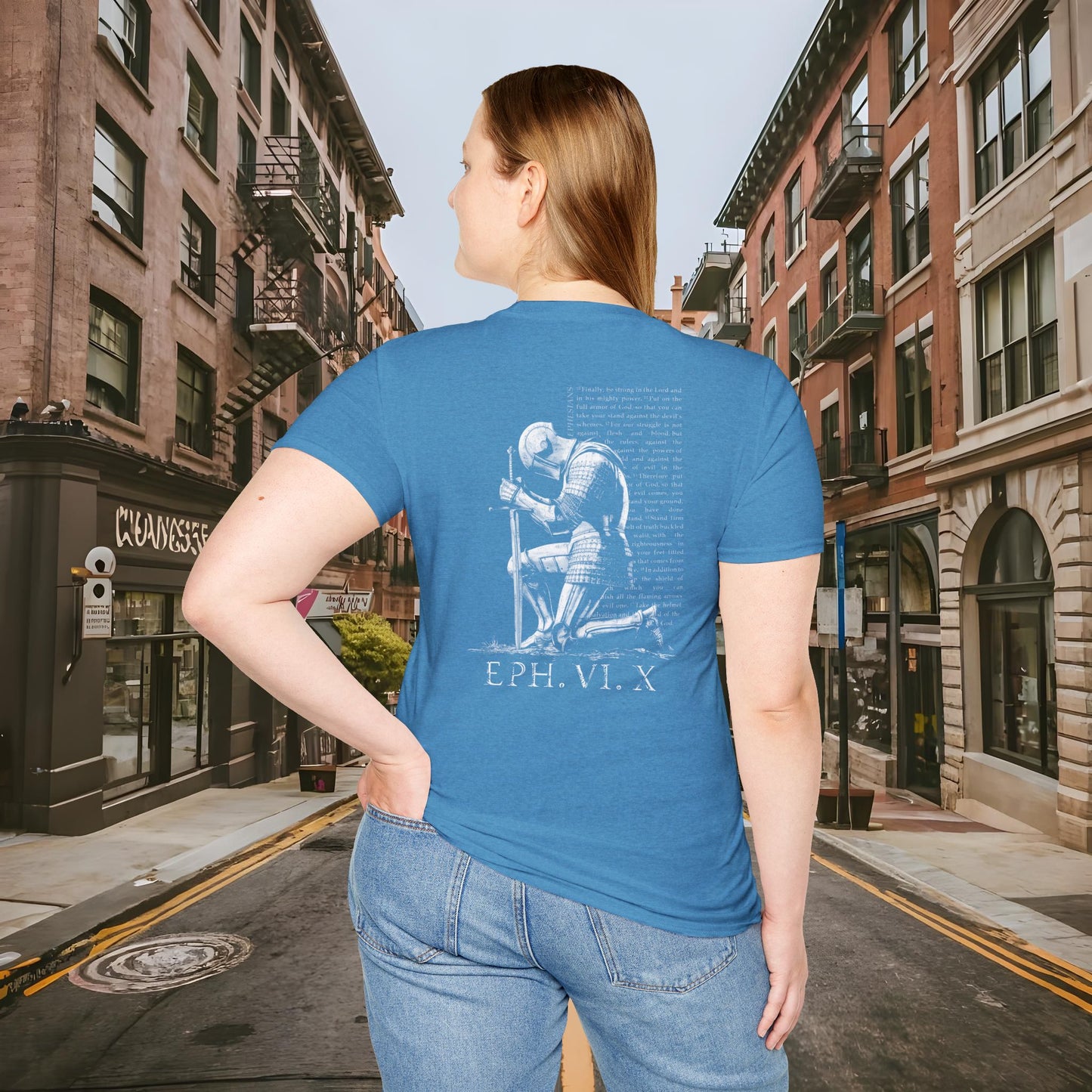 Praying Knight - Ephesians 6:10 - Armor of God - Inspirational Unisex Softstyle T-Shirt - Motivational Design