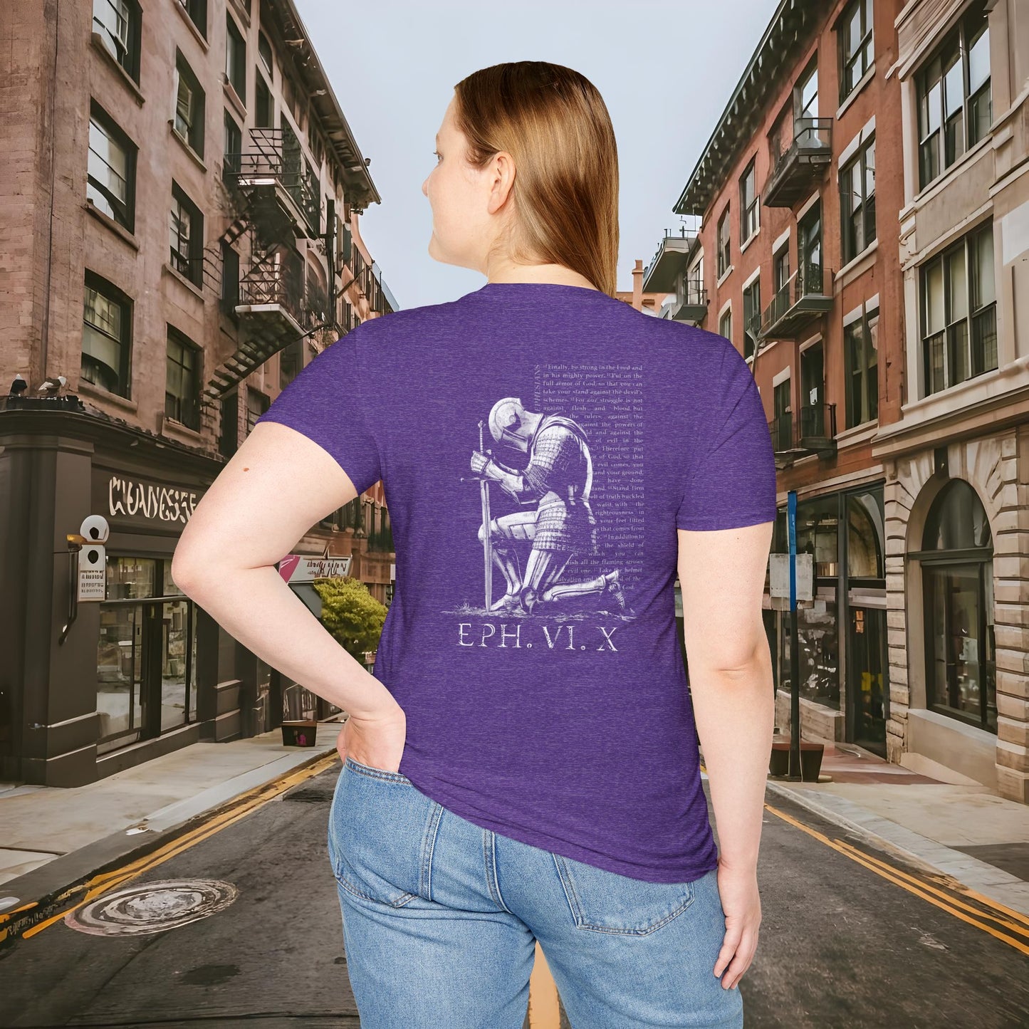 Praying Knight - Ephesians 6:10 - Armor of God - Inspirational Unisex Softstyle T-Shirt - Motivational Design