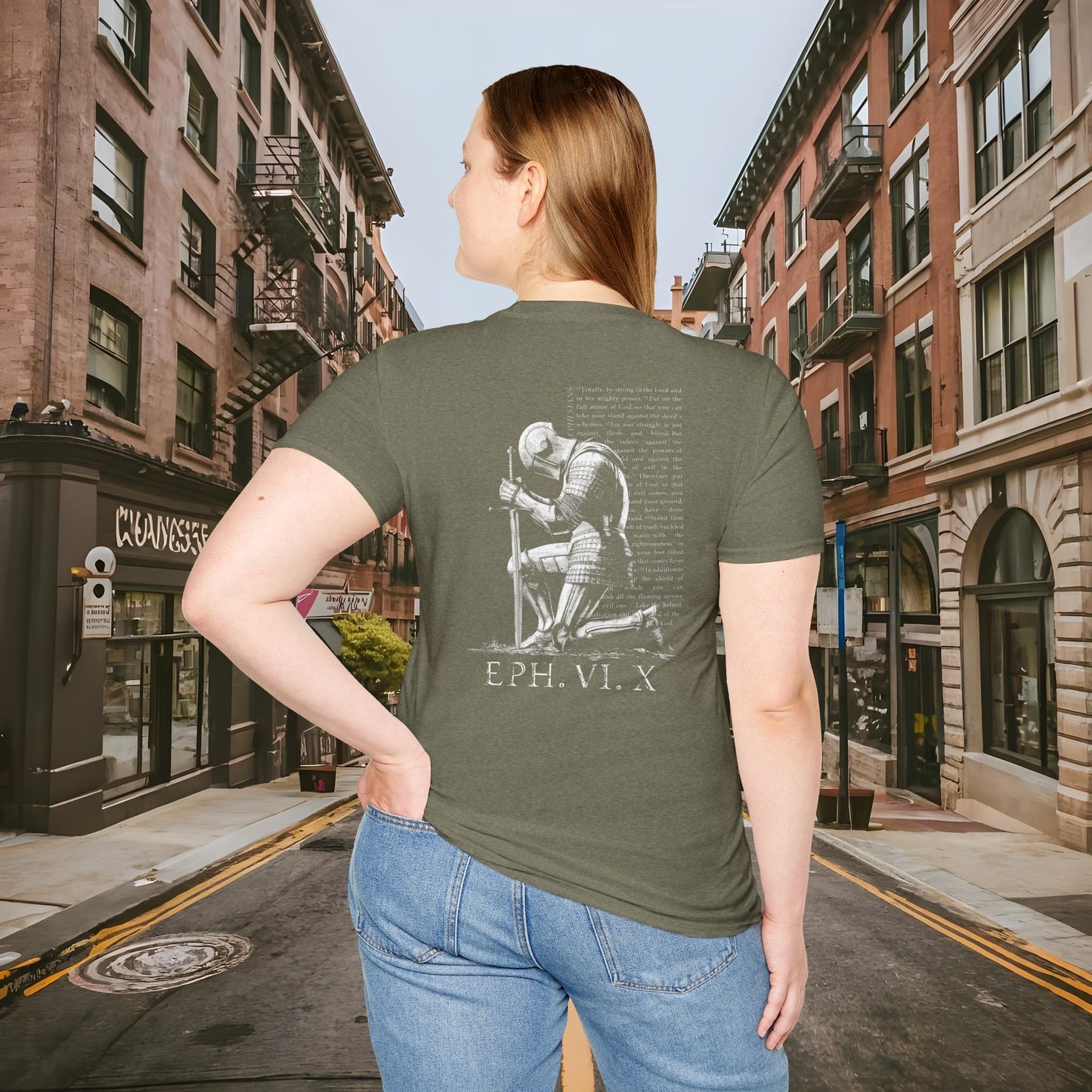 Praying Knight - Ephesians 6:10 - Armor of God - Inspirational Unisex Softstyle T-Shirt - Motivational Design