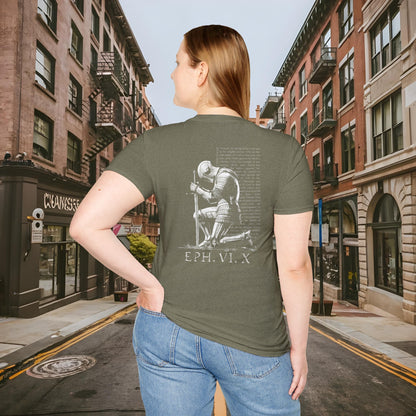 Praying Knight - Ephesians 6:10 - Armor of God - Inspirational Unisex Softstyle T-Shirt - Motivational Design