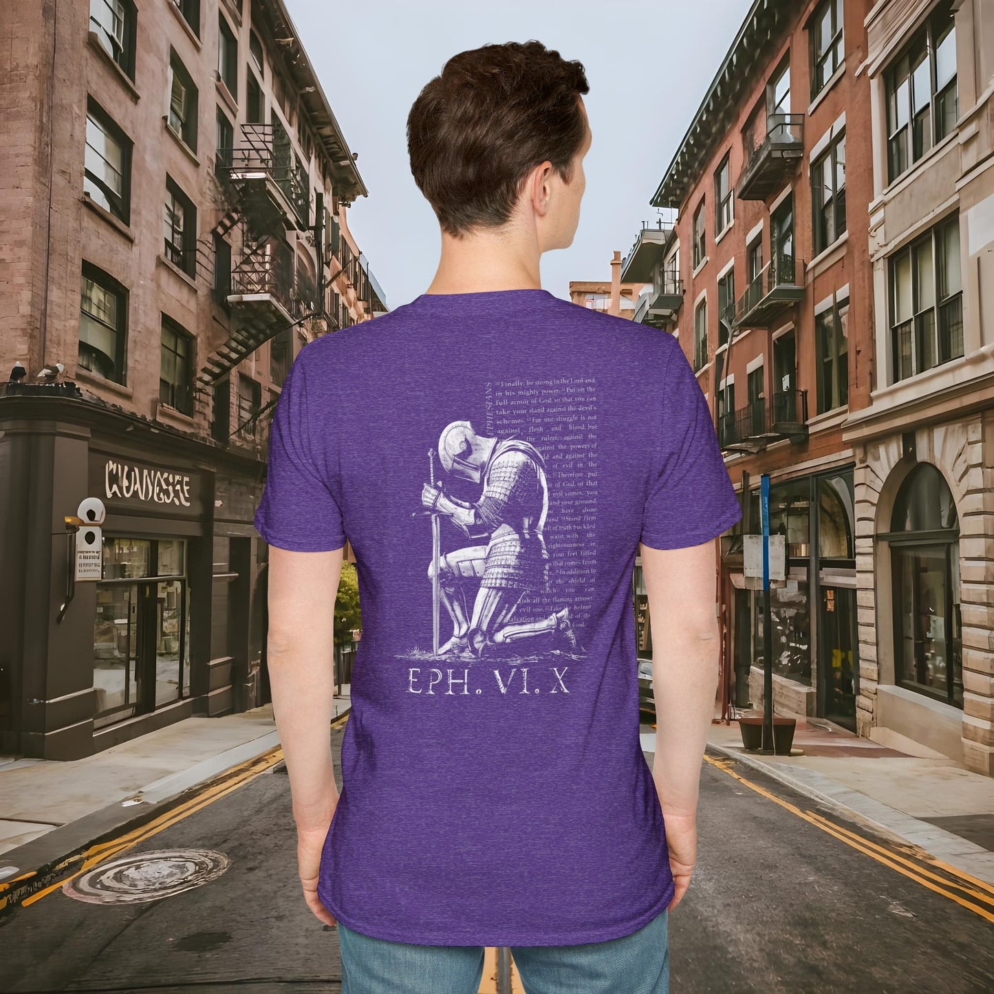 Praying Knight - Ephesians 6:10 - Armor of God - Inspirational Unisex Softstyle T-Shirt - Motivational Design