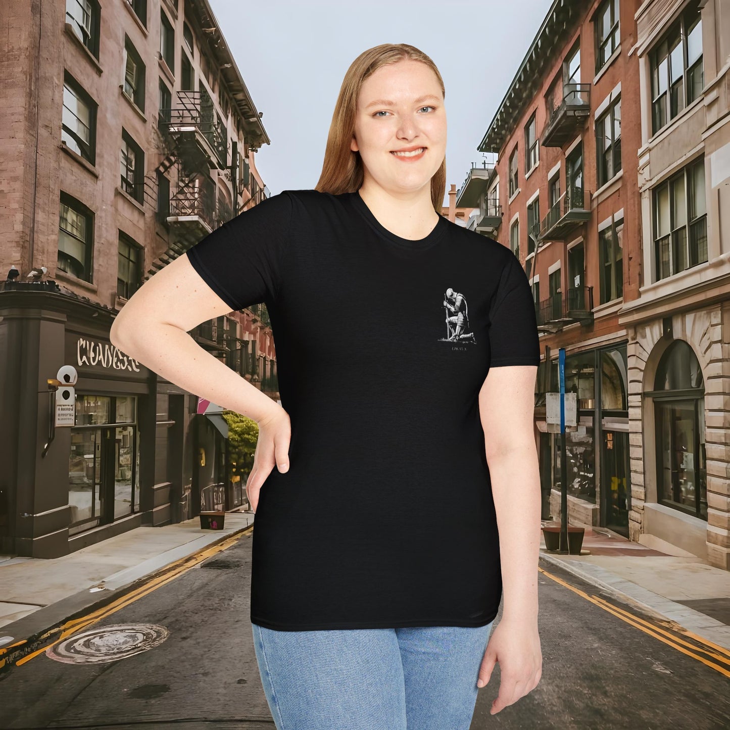 Praying Knight - Ephesians 6:10 - Armor of God - Inspirational Unisex Softstyle T-Shirt - Motivational Design