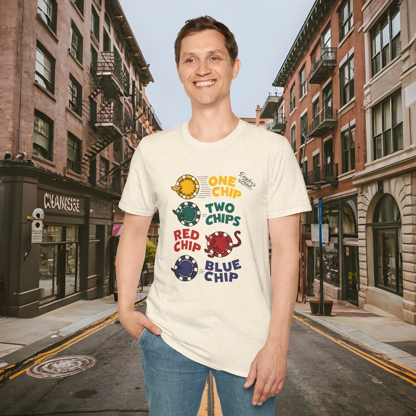 One Chip, Two Chips, Red Chip, Blue Chip - Dealer's Fault Poker Club - DFPC - Unisex Softstyle T-Shirt
