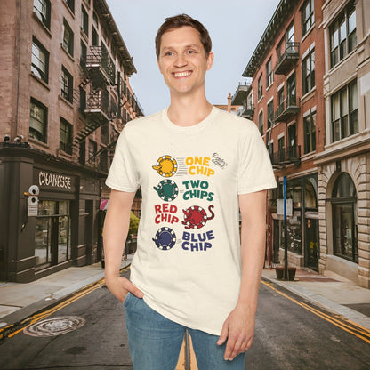 One Chip, Two Chips, Red Chip, Blue Chip - Dealer's Fault Poker Club - DFPC - Unisex Softstyle T-Shirt