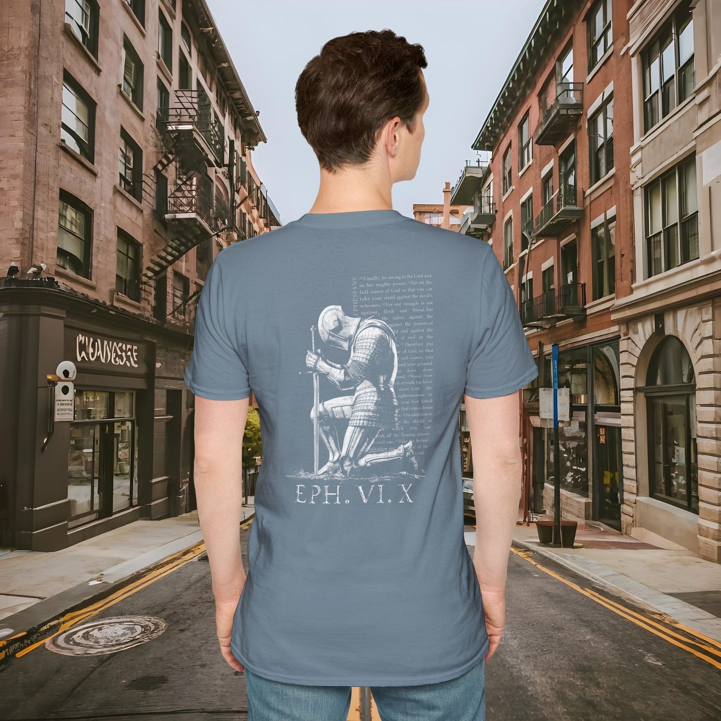 Praying Knight - Ephesians 6:10 - Armor of God - Inspirational Unisex Softstyle T-Shirt - Motivational Design