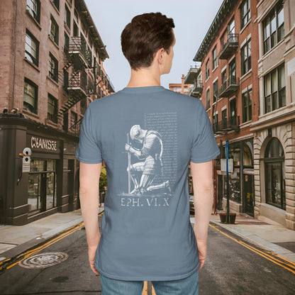 Praying Knight - Ephesians 6:10 - Armor of God - Inspirational Unisex Softstyle T-Shirt - Motivational Design