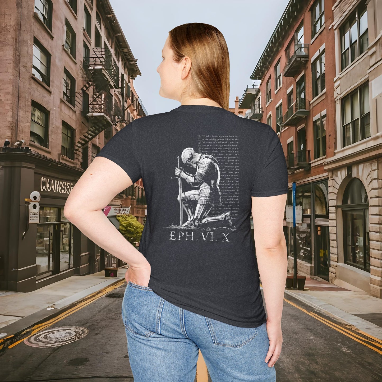 Praying Knight - Ephesians 6:10 - Armor of God - Inspirational Unisex Softstyle T-Shirt - Motivational Design