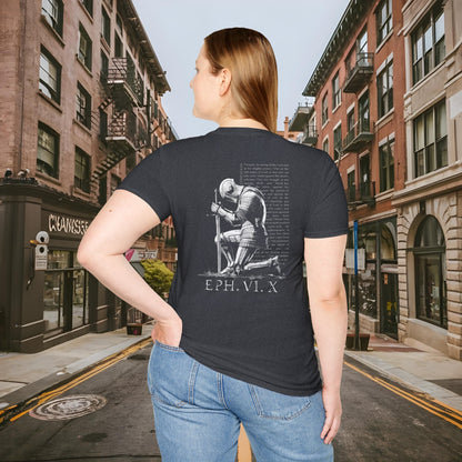 Praying Knight - Ephesians 6:10 - Armor of God - Inspirational Unisex Softstyle T-Shirt - Motivational Design