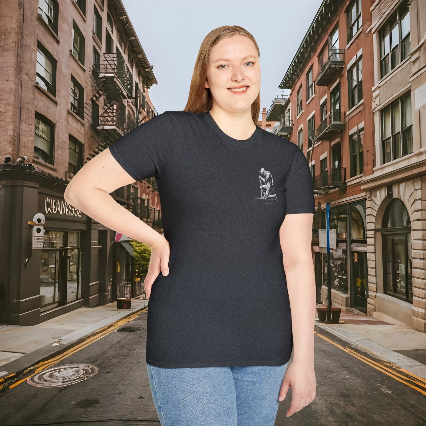 Praying Knight - Ephesians 6:10 - Armor of God - Inspirational Unisex Softstyle T-Shirt - Motivational Design