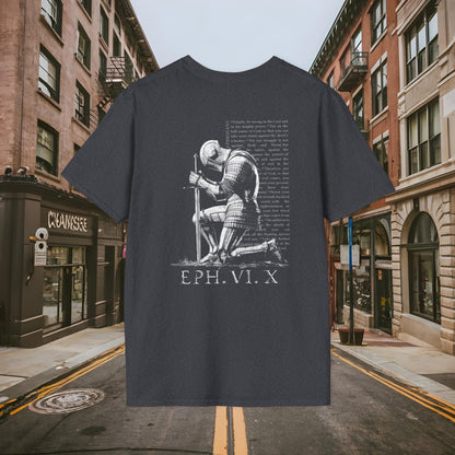 Praying Knight - Ephesians 6:10 - Armor of God - Inspirational Unisex Softstyle T-Shirt - Motivational Design