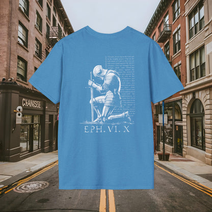 Praying Knight - Ephesians 6:10 - Armor of God - Inspirational Unisex Softstyle T-Shirt - Motivational Design