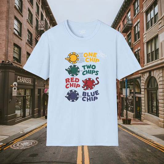 One Chip, Two Chips, Red Chip, Blue Chip - Dealer's Fault Poker Club - DFPC - Unisex Softstyle T-Shirt