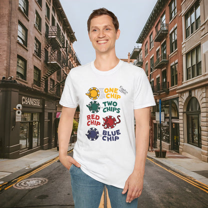 One Chip, Two Chips, Red Chip, Blue Chip - Dealer's Fault Poker Club - DFPC - Unisex Softstyle T-Shirt