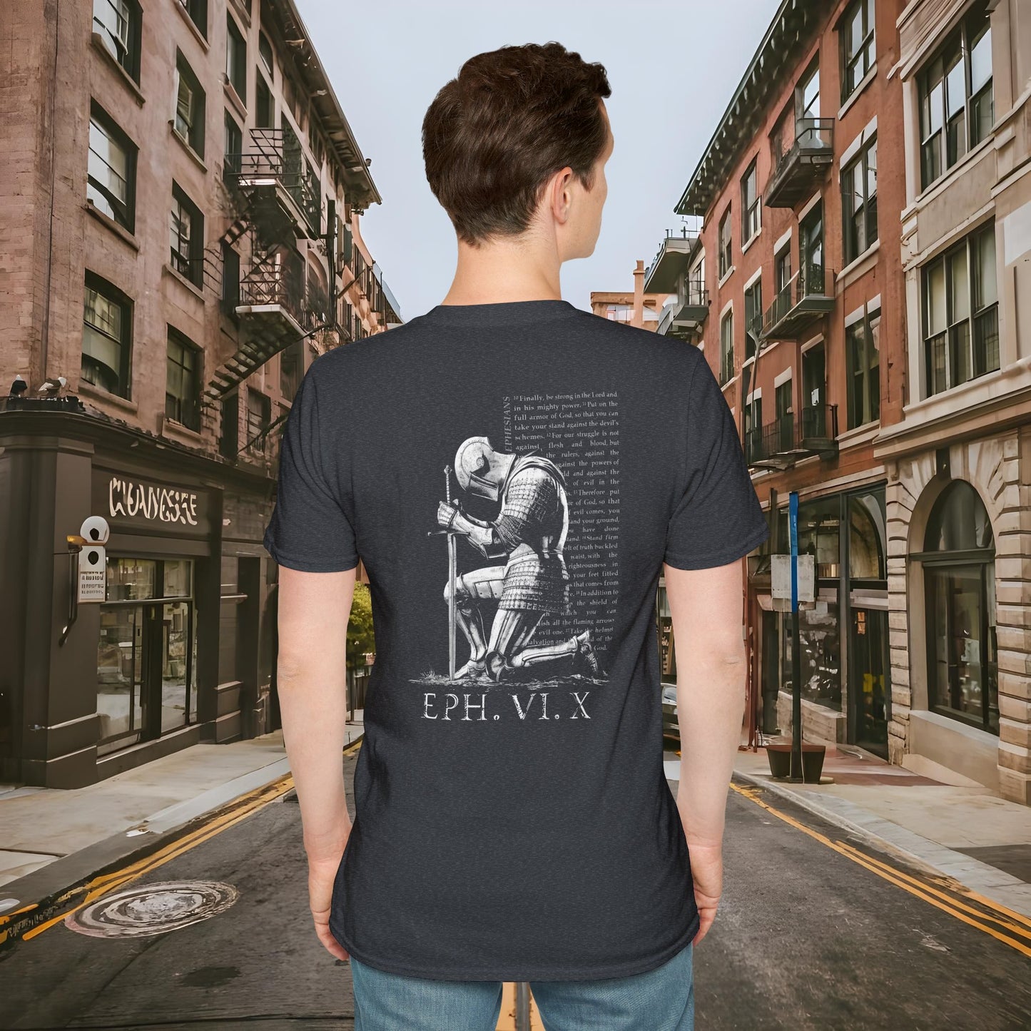 Praying Knight - Ephesians 6:10 - Armor of God - Inspirational Unisex Softstyle T-Shirt - Motivational Design
