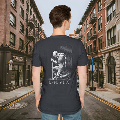 Praying Knight - Ephesians 6:10 - Armor of God - Inspirational Unisex Softstyle T-Shirt - Motivational Design