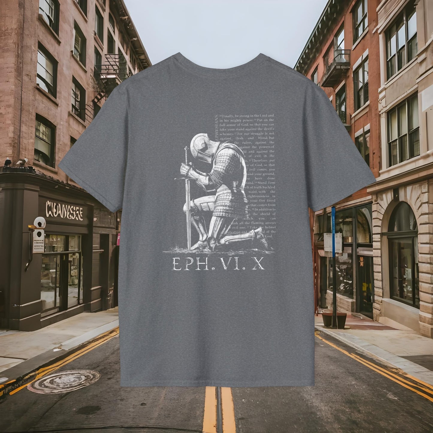 Praying Knight - Ephesians 6:10 - Armor of God - Inspirational Unisex Softstyle T-Shirt - Motivational Design