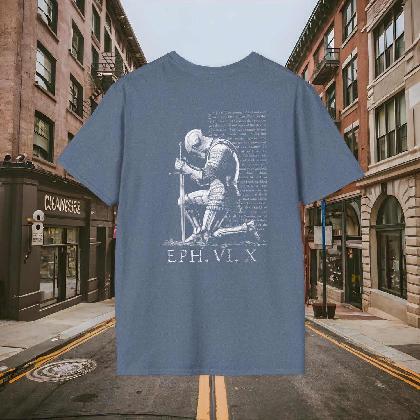 Praying Knight - Ephesians 6:10 - Armor of God - Inspirational Unisex Softstyle T-Shirt - Motivational Design