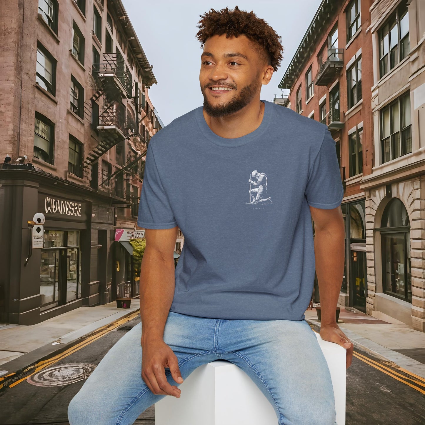 Praying Knight - Ephesians 6:10 - Armor of God - Inspirational Unisex Softstyle T-Shirt - Motivational Design