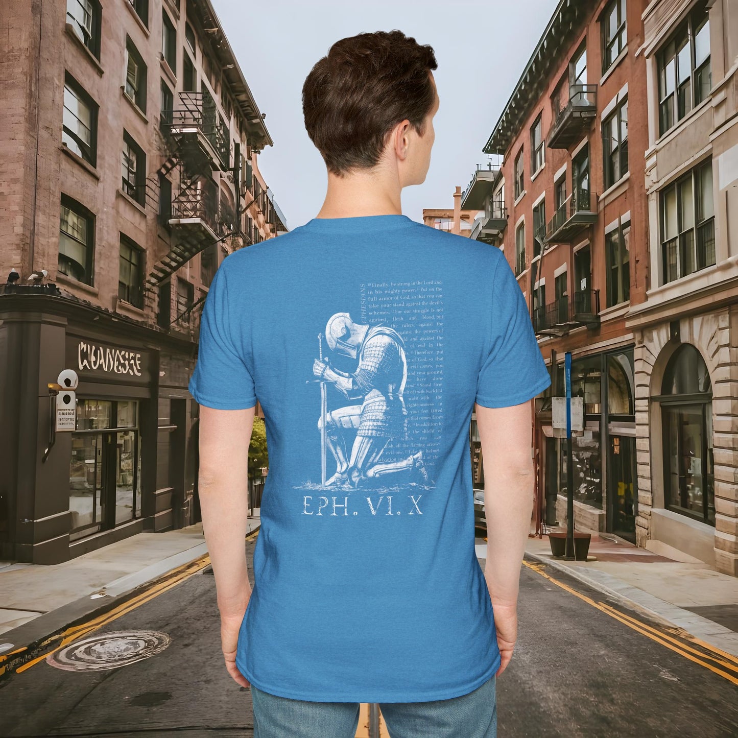 Praying Knight - Ephesians 6:10 - Armor of God - Inspirational Unisex Softstyle T-Shirt - Motivational Design