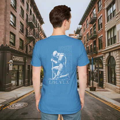 Praying Knight - Ephesians 6:10 - Armor of God - Inspirational Unisex Softstyle T-Shirt - Motivational Design