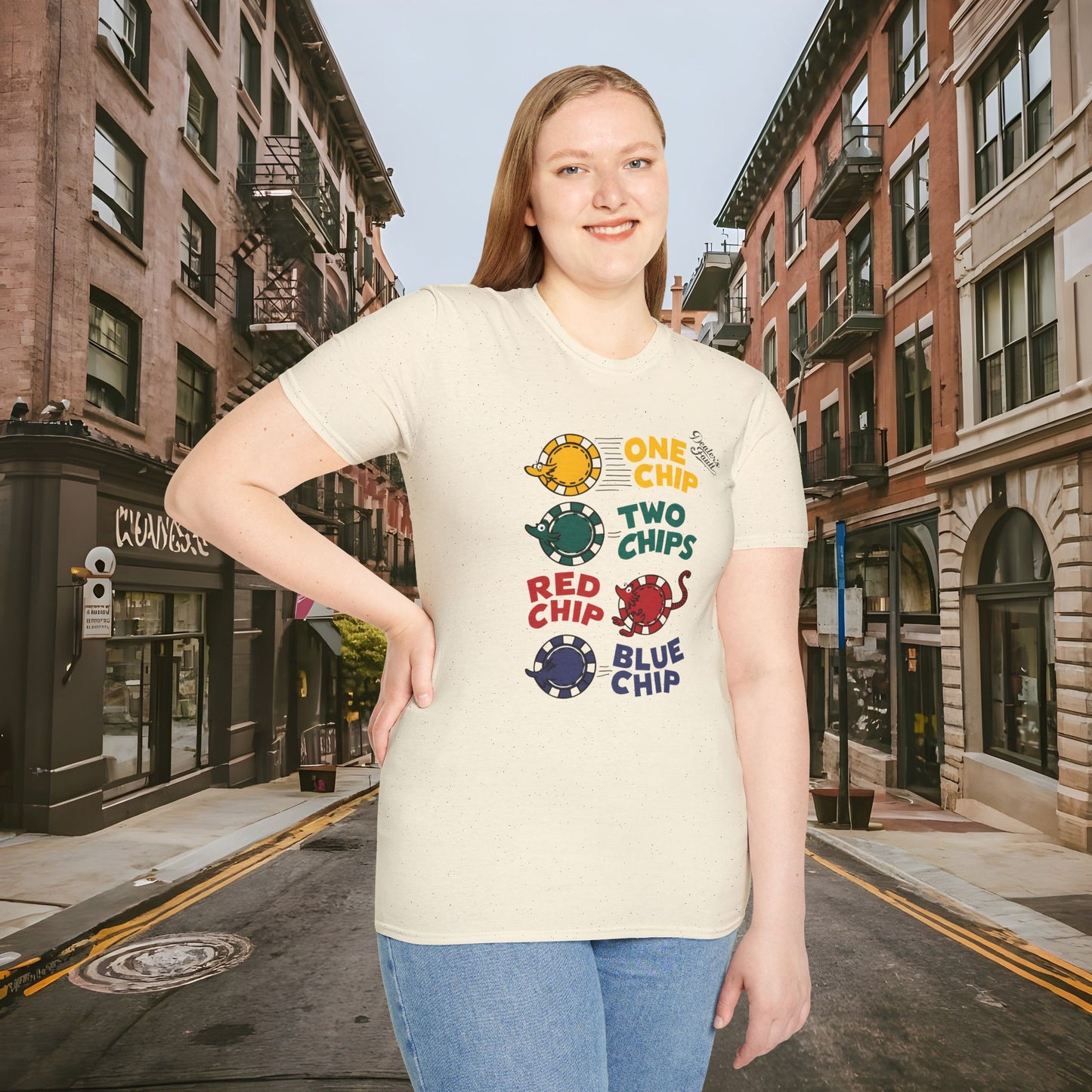 One Chip, Two Chips, Red Chip, Blue Chip - Dealer's Fault Poker Club - DFPC - Unisex Softstyle T-Shirt