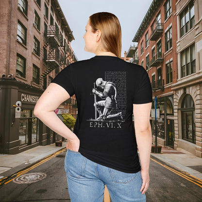 Praying Knight - Ephesians 6:10 - Armor of God - Inspirational Unisex Softstyle T-Shirt - Motivational Design