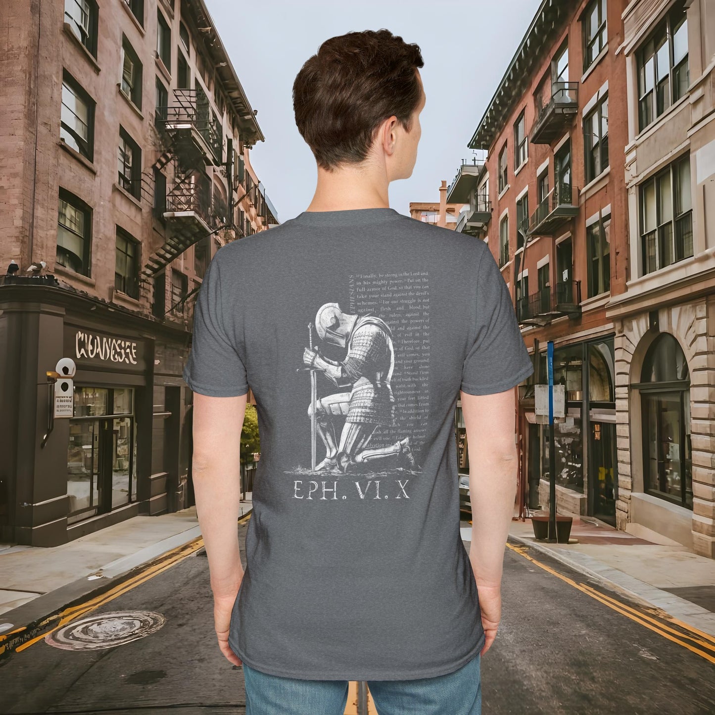 Praying Knight - Ephesians 6:10 - Armor of God - Inspirational Unisex Softstyle T-Shirt - Motivational Design