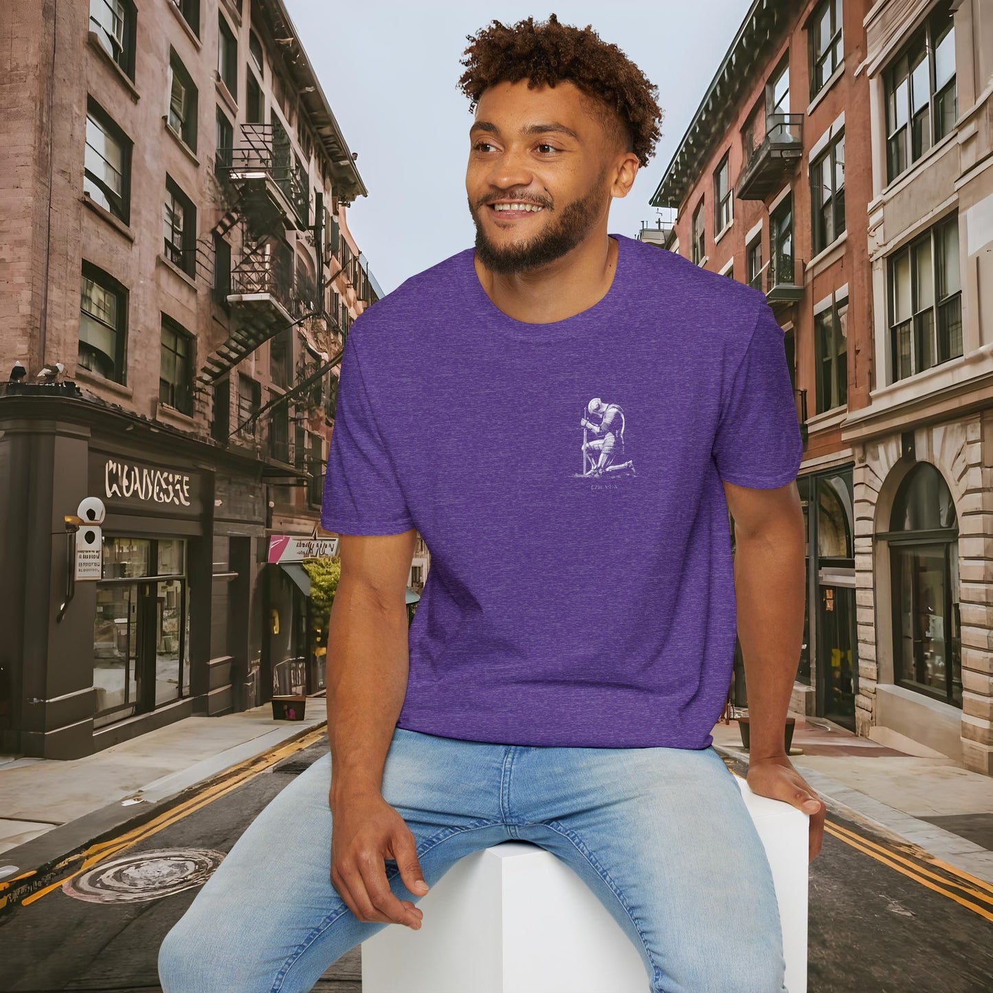 Praying Knight - Ephesians 6:10 - Armor of God - Inspirational Unisex Softstyle T-Shirt - Motivational Design
