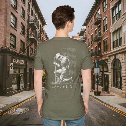 Praying Knight - Ephesians 6:10 - Armor of God - Inspirational Unisex Softstyle T-Shirt - Motivational Design