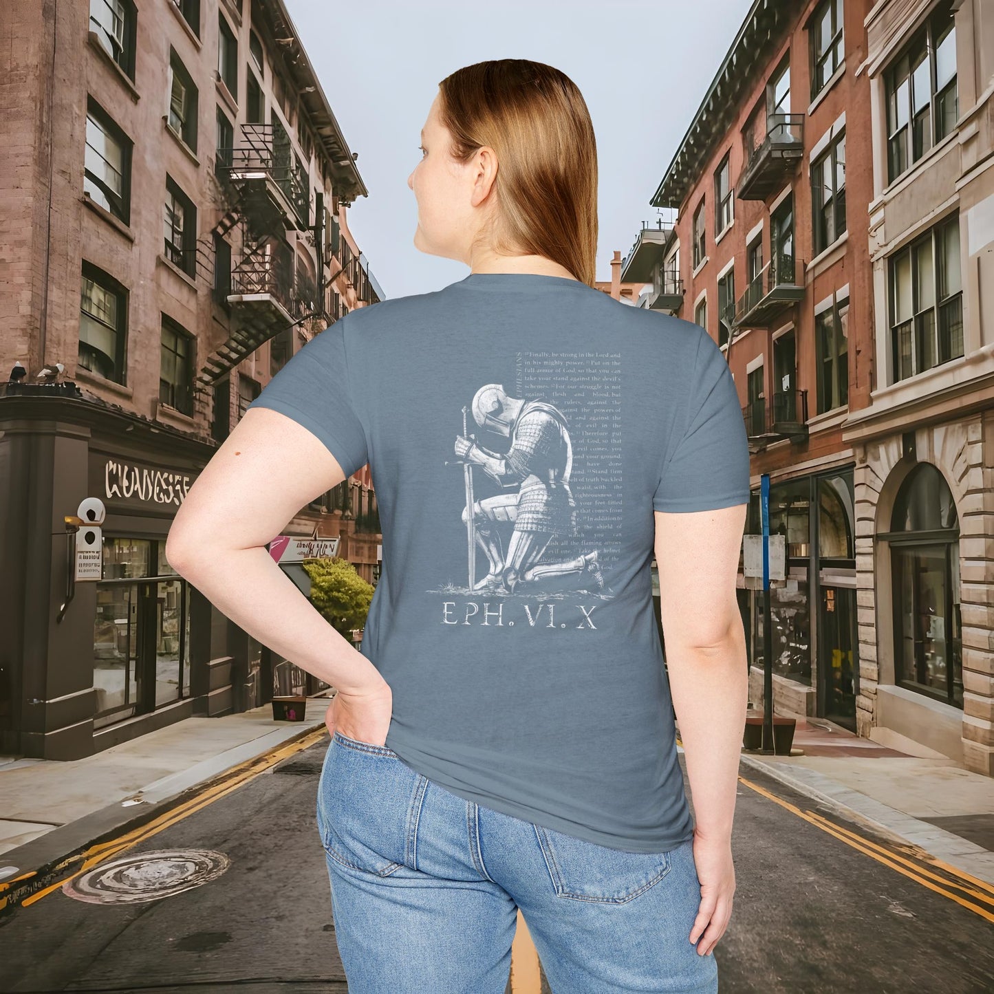 Praying Knight - Ephesians 6:10 - Armor of God - Inspirational Unisex Softstyle T-Shirt - Motivational Design