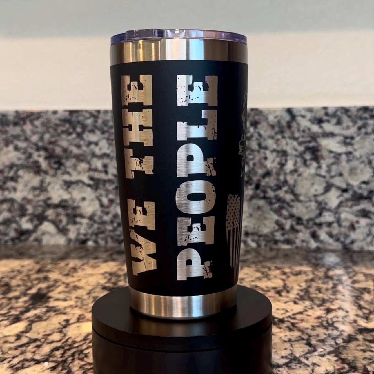 We The People Home of the Free Patriotic 20 oz Black Powder Coated Stainless Steel Tumbler