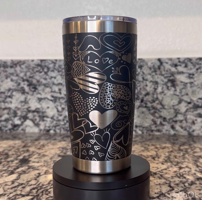 20 oz Laser Engraved Heart Doodles Tumbler – Valentine’s Day Hot & Cold Cup