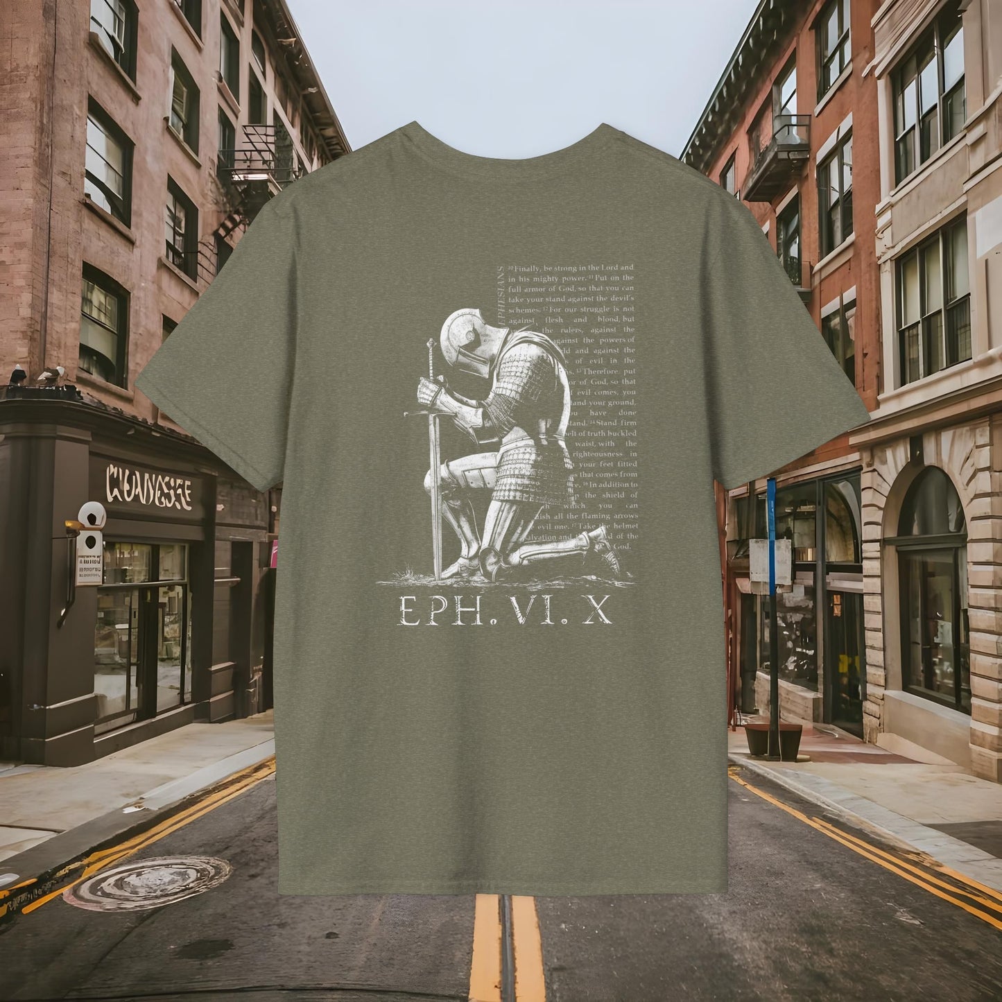 Praying Knight - Ephesians 6:10 - Armor of God - Inspirational Unisex Softstyle T-Shirt - Motivational Design