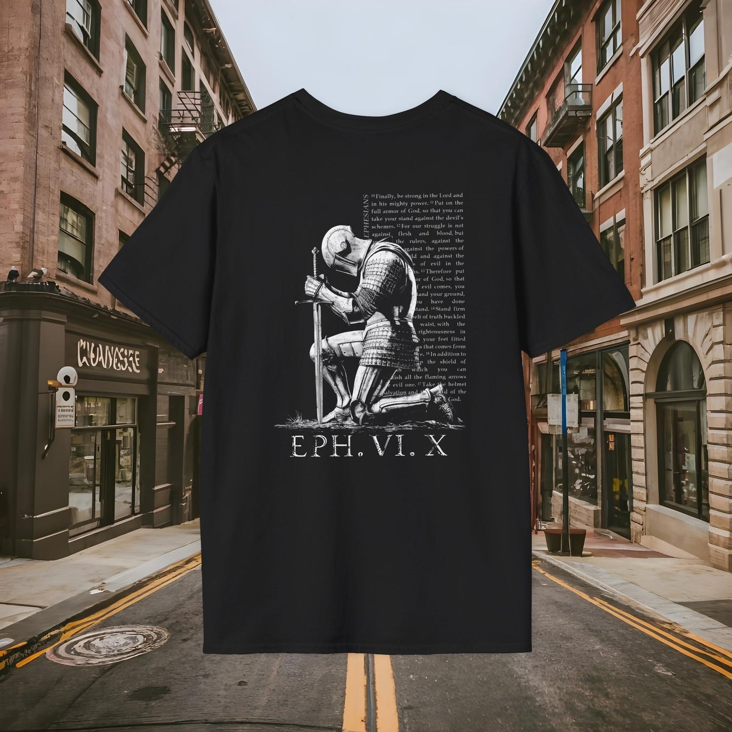 Praying Knight - Ephesians 6:10 - Armor of God - Inspirational Unisex Softstyle T-Shirt - Motivational Design