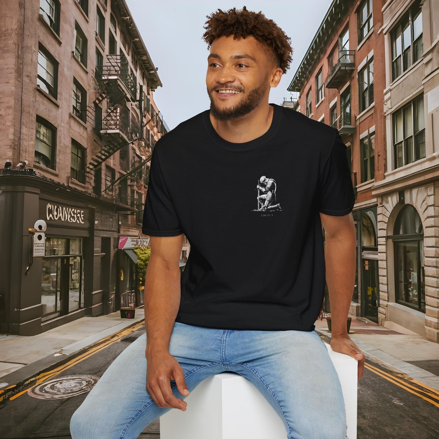 Praying Knight - Ephesians 6:10 - Armor of God - Inspirational Unisex Softstyle T-Shirt - Motivational Design