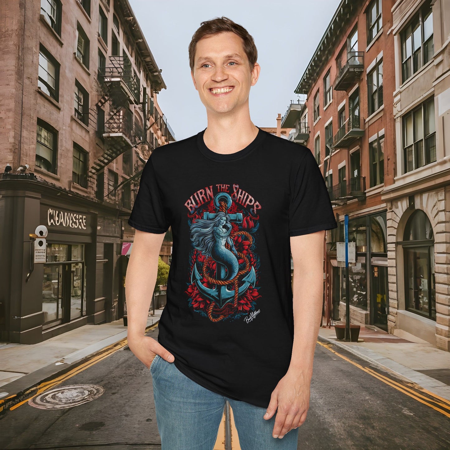 BTS - Burn the Ships Nautical Mermaid Unisex Softstyle Shirt by Buck Matthews